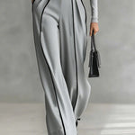 REFINED HIGH-NECK TOP & WIDE-LEG PANTS SET (FREE BELT)
