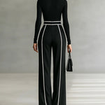 White Trim High-neck Long-sleeved Top With Wide-leg Pants and Belt Set