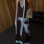 Elegant Brown and Blue Lace Panel Skirt