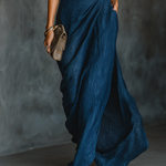 Elegant Dark Blue Cotton And Linen Blend Shirt Long Skirt Set