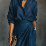 Elegant Dark Blue Cotton And Linen Blend Shirt Long Skirt Set