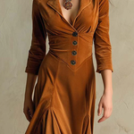 Brown Elegant Retro Suit Collar Velvet Long Dress