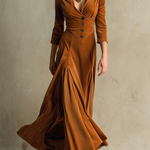Brown Elegant Retro Suit Collar Velvet Long Dress