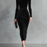 VERITY BLACK VELVET ELEGANT HIGH-NECK BODYCON DRESS