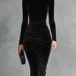VERITY BLACK VELVET ELEGANT HIGH-NECK BODYCON DRESS