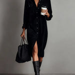 Loose Corduroy Double Chest Pocket Single Breasted Midi Dress