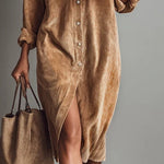 Loose Corduroy Double Chest Pocket Single Breasted Midi Dress