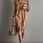 Loose Corduroy Double Chest Pocket Single Breasted Midi Dress