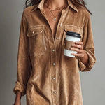 Loose Corduroy Double Chest Pocket Single Breasted Midi Dress