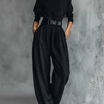 All-black Turtleneck Long-sleeved T-shirt And Straight-leg Pants Two-piece Set (including Belt)