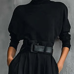 All-black Turtleneck Long-sleeved T-shirt And Straight-leg Pants Two-piece Set (including Belt)