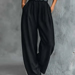 All-black Turtleneck Long-sleeved T-shirt And Straight-leg Pants Two-piece Set (including Belt)