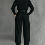 All-black Turtleneck Long-sleeved T-shirt And Straight-leg Pants Two-piece Set (including Belt)