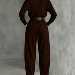 All-black Turtleneck Long-sleeved T-shirt And Straight-leg Pants Two-piece Set (including Belt)