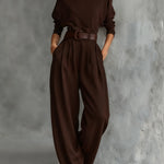All-black Turtleneck Long-sleeved T-shirt And Straight-leg Pants Two-piece Set (including Belt)