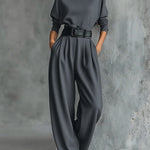 All-black Turtleneck Long-sleeved T-shirt And Straight-leg Pants Two-piece Set (including Belt)