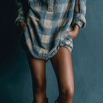 Blue And White Loose Plaid Henley Neck Long Sleeve Mini Dress