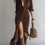 Vintage Button-stitched Pleated Velvet Midi Dress