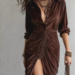 Vintage Button-stitched Pleated Velvet Midi Dress