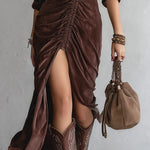 Vintage Button-stitched Pleated Velvet Midi Dress