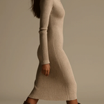 BEATRIX BEIGE RIBBED KNIT LAPEL MIDI DRESS