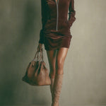 Brown Faux Suede Stand Collar Zipper Mini Dress