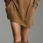 Brown Loose Suede Zipper Turtleneck Mini Dress