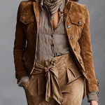 Brown Suede Single-Breasted Lapel Cropped Jacket