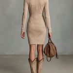 ARAWEN BEIGE SLIM SUEDE NECK FLORAL LAPEL MIDI DRESS