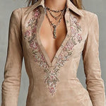 ARAWEN BEIGE SLIM SUEDE NECK FLORAL LAPEL MIDI DRESS