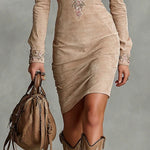 ARAWEN BEIGE SLIM SUEDE NECK FLORAL LAPEL MIDI DRESS