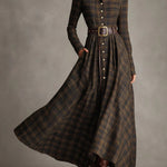 Brown and Black Plaid Lapel Single-Breasted Shirt Long Dress