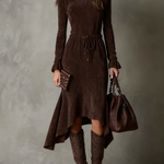 CECILY ELEGANT DARK BROWN SUEDE DRAWSTRING IRREGULAR MIDI DRESS