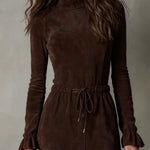 CECILY ELEGANT DARK BROWN SUEDE DRAWSTRING IRREGULAR MIDI DRESS