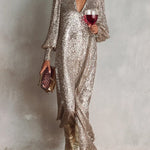 Minimalist Loose Shimmering V-neck Maxi Party Dress