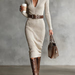 DELPHINO SLIM FIT HALF TURTLENECK V-NECK LONG SLEEVE KNITTED BELTED MIDI DRESS