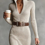DELPHINO SLIM FIT HALF TURTLENECK V-NECK LONG SLEEVE KNITTED BELTED MIDI DRESS