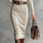 DELPHINO SLIM FIT HALF TURTLENECK V-NECK LONG SLEEVE KNITTED BELTED MIDI DRESS