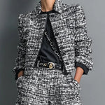 Tweed Print Blend Single-Breasted Cropped Jacket And Wide-Leg Pants Set