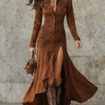 Retro Brown Irregular Ruffle Lapel Long Dress