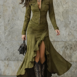Retro Brown Irregular Ruffle Lapel Long Dress