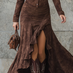 Retro Brown Irregular Ruffle Lapel Long Dress