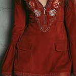 AUROLIA VINTAGE RUST RED BELL SLEEVE EMBROIDERED FAUX SUEDE LACE MINI DRESS
