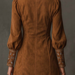 Vintage Brown V-Neck Suede Embroidered Mini Dress