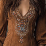 Vintage Brown V-Neck Suede Embroidered Mini Dress