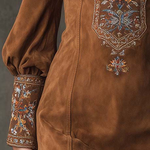 Vintage Brown V-Neck Suede Embroidered Mini Dress