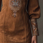 Vintage Brown V-Neck Suede Embroidered Mini Dress