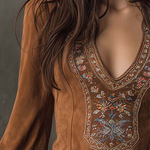 Vintage Brown V-Neck Suede Embroidered Mini Dress