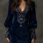 IZOLDA VINTAGE BROWN V-NECK SUEDE EMBROIDERED MINI DRESS