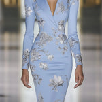 Elegant Blue Floral Print Blazer Midi Dress